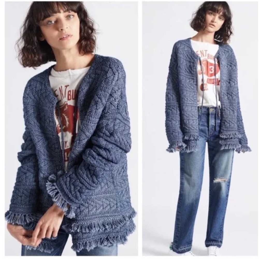 NWT Current /Elliot Cable Fringe Cardigan Sweater Size 3 Large Indigo Blue Boho